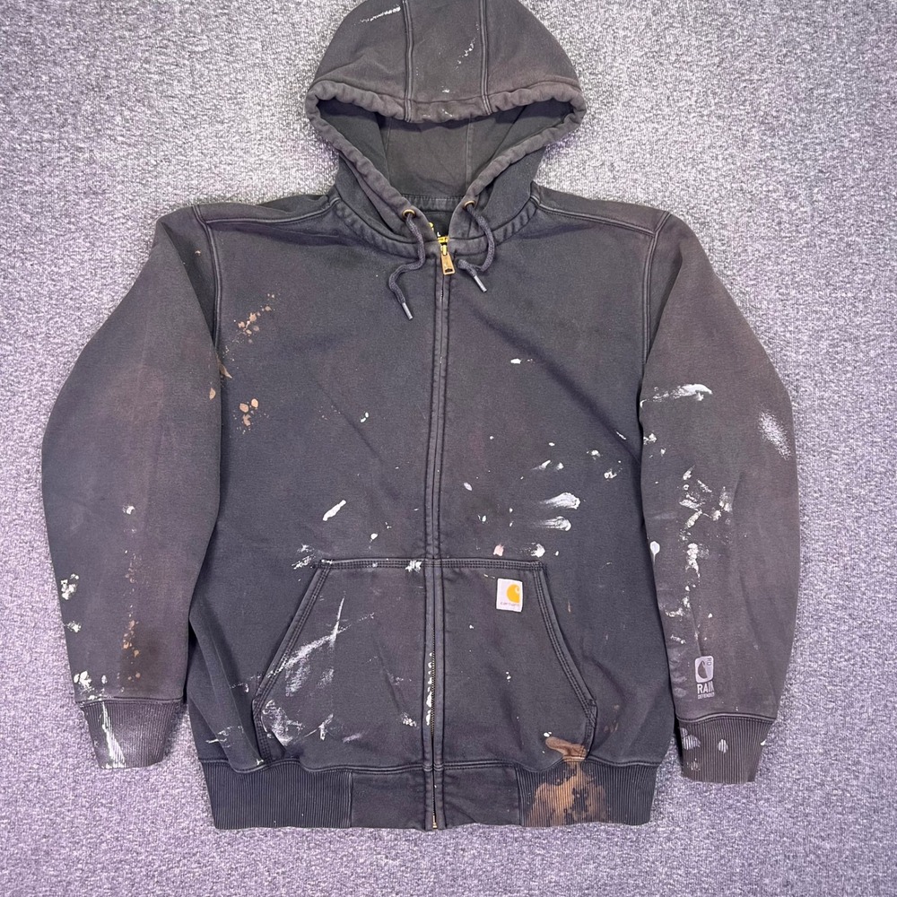 Carhartt Full Zip Hoodie Mens L Black Rain Defender Workwear Distressed Grunge